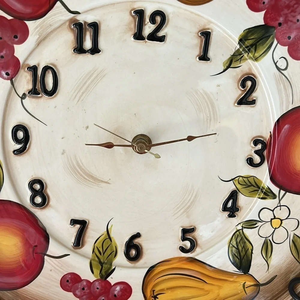 Vintage Rainbow Ceramic Wall Clock Fruit Flowers 13 1/4” diameter